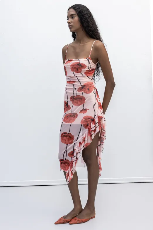 Bayan Pembe Askılı Fırfır Desenli Midi Elbise - BSL