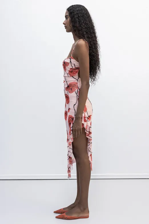 Bayan Pembe Askılı Fırfır Desenli Midi Elbise - BSL