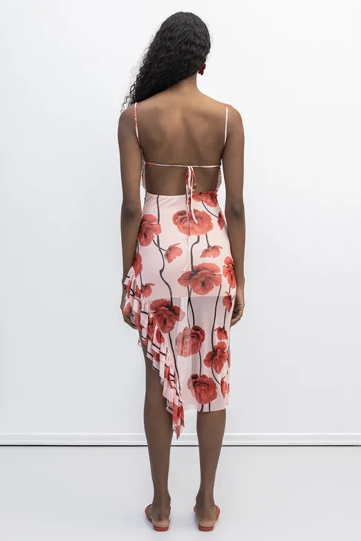 Bayan Pembe Askılı Fırfır Desenli Midi Elbise - BSL