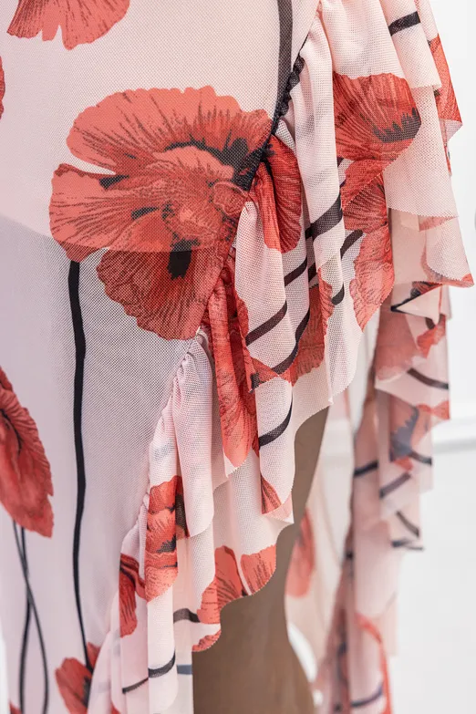 Bayan Pembe Askılı Fırfır Desenli Midi Elbise - BSL