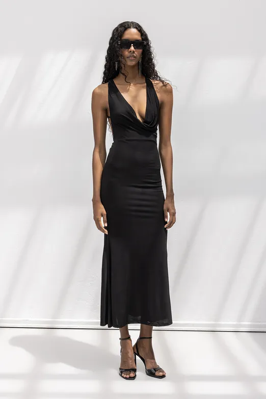 Bayan Siyah Derin Degaje Yakalı Midi Elbise - BSL