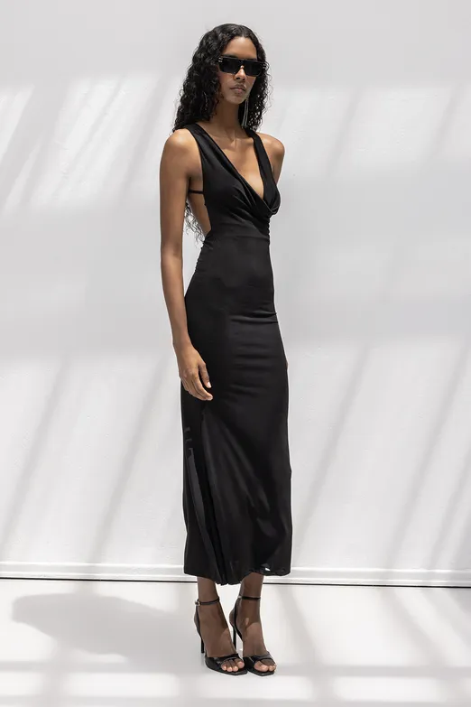 Bayan Siyah Derin Degaje Yakalı Midi Elbise - BSL