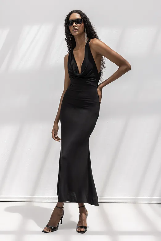 Bayan Siyah Derin Degaje Yakalı Midi Elbise - BSL