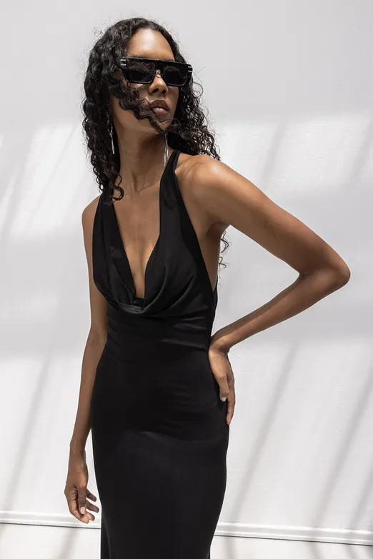 Bayan Siyah Derin Degaje Yakalı Midi Elbise - BSL