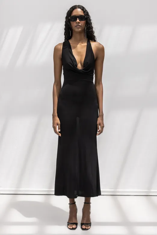 Bayan Siyah Derin Degaje Yakalı Midi Elbise - BSL