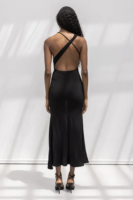 Bayan Siyah Derin Degaje Yakalı Midi Elbise - BSL