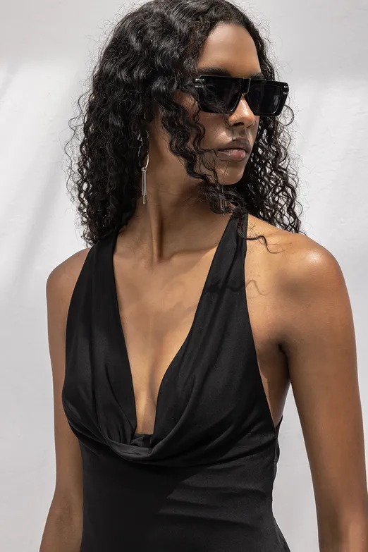 Bayan Siyah Derin Degaje Yakalı Midi Elbise - BSL