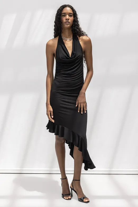 Bayan Siyah Degaje Yakalı Asimetrik Etek Detaylı Midi Elbise - BSL