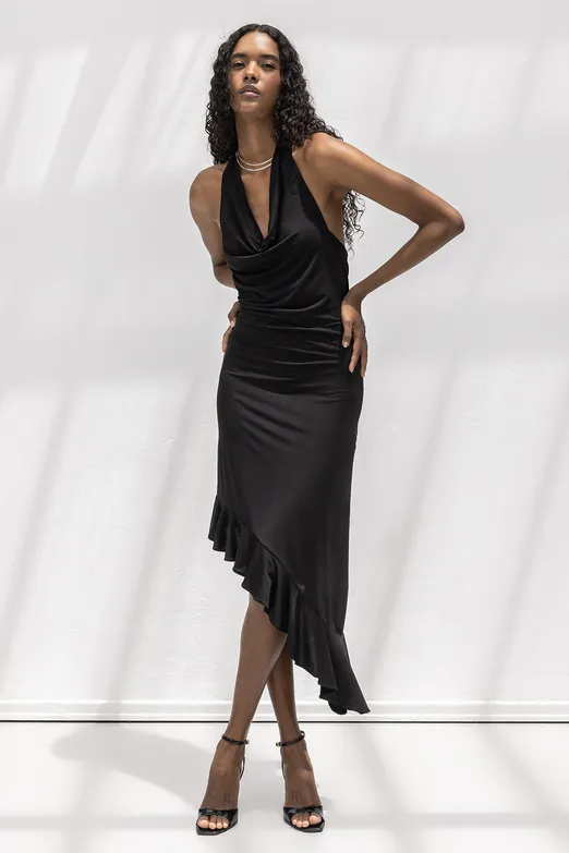 Bayan Siyah Degaje Yakalı Asimetrik Etek Detaylı Midi Elbise - BSL