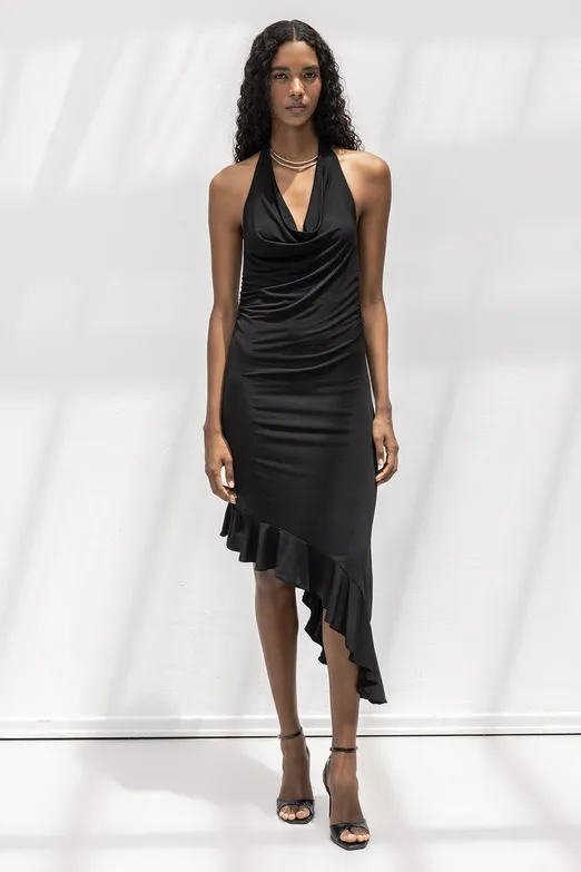 Bayan Siyah Degaje Yakalı Asimetrik Etek Detaylı Midi Elbise - BSL