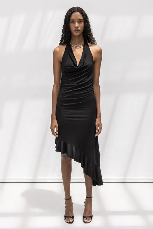 Bayan Siyah Degaje Yakalı Asimetrik Etek Detaylı Midi Elbise - BSL