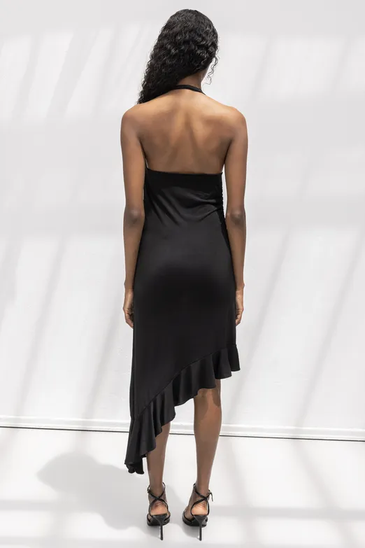 Bayan Siyah Degaje Yakalı Asimetrik Etek Detaylı Midi Elbise - BSL