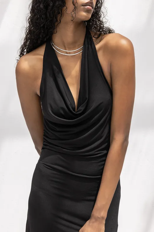 Bayan Siyah Degaje Yakalı Asimetrik Etek Detaylı Midi Elbise - BSL