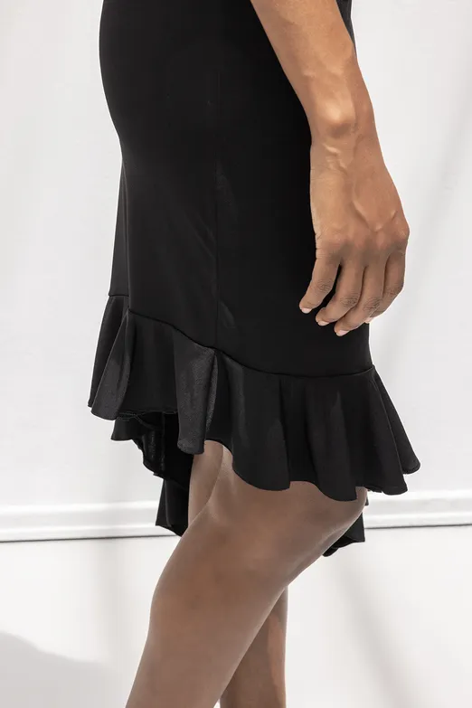 Bayan Siyah Degaje Yakalı Asimetrik Etek Detaylı Midi Elbise - BSL