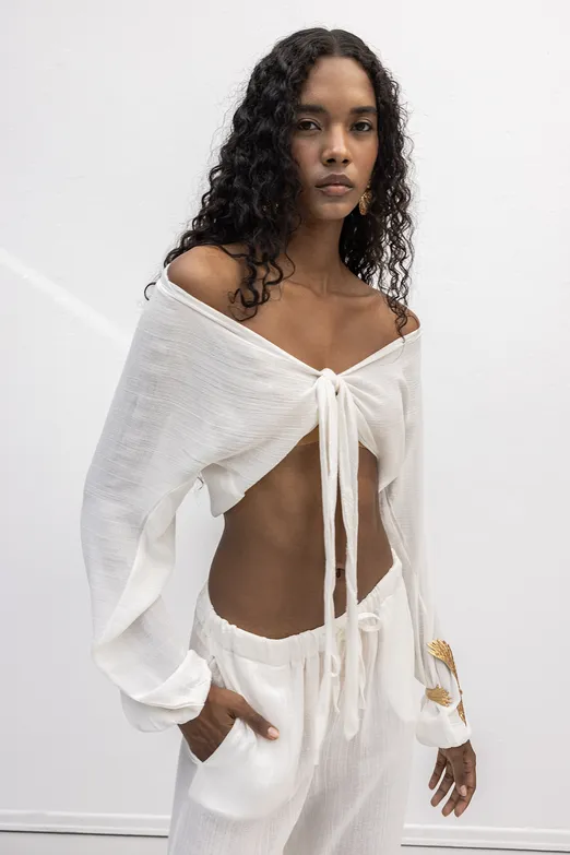 Bayan Beyaz Crop Bağlamalı Bluz - BSL