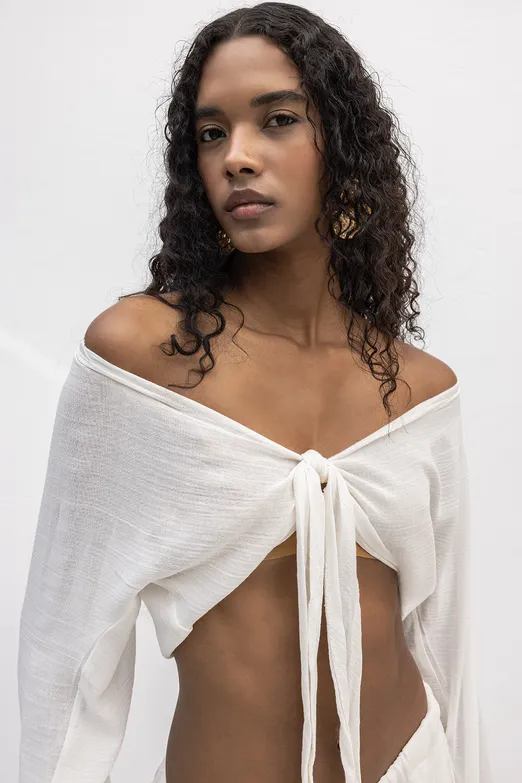 Bayan Beyaz Crop Bağlamalı Bluz - BSL