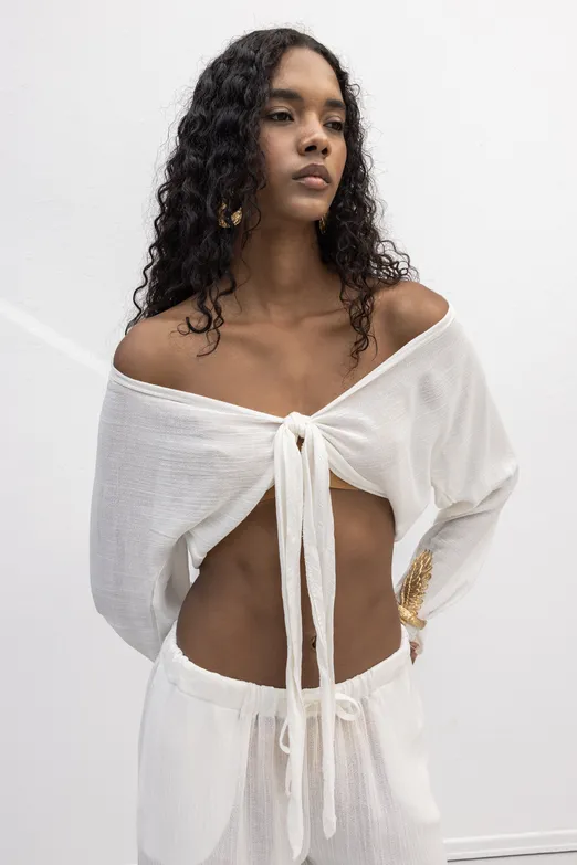 Bayan Beyaz Crop Bağlamalı Bluz - BSL