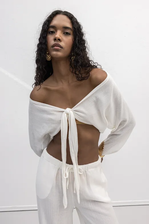 Bayan Beyaz Crop Bağlamalı Bluz - BSL