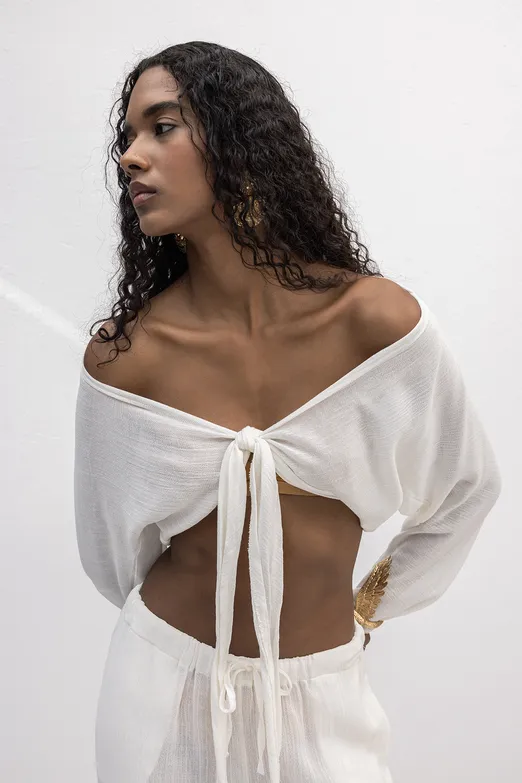 Bayan Beyaz Crop Bağlamalı Bluz - BSL