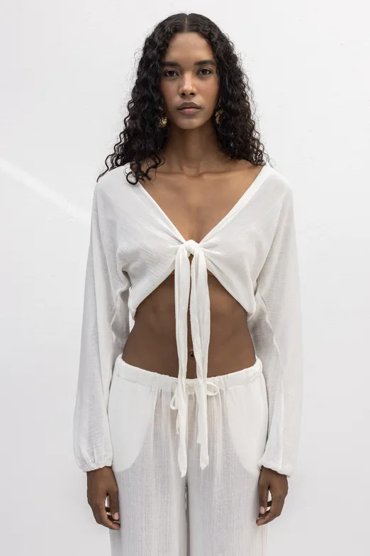 Bayan Beyaz Crop Bağlamalı Bluz - BSL