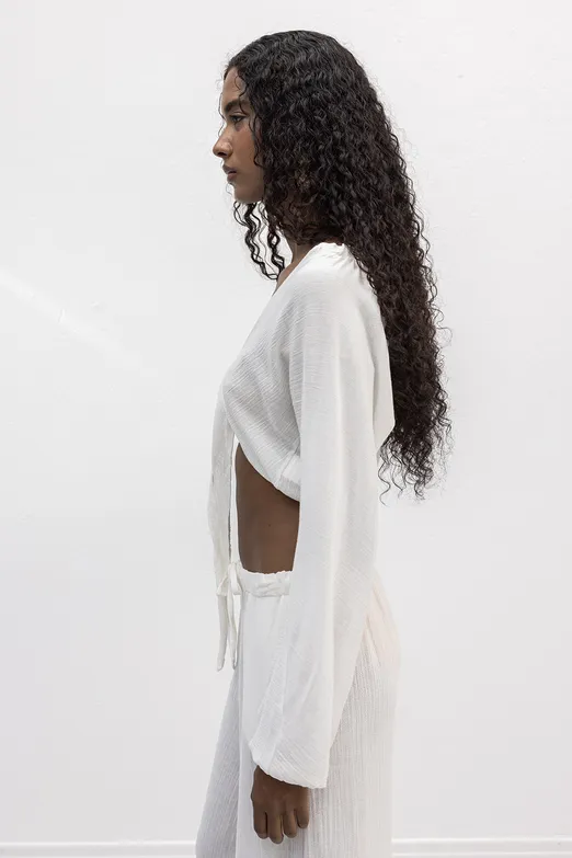 Bayan Beyaz Crop Bağlamalı Bluz - BSL