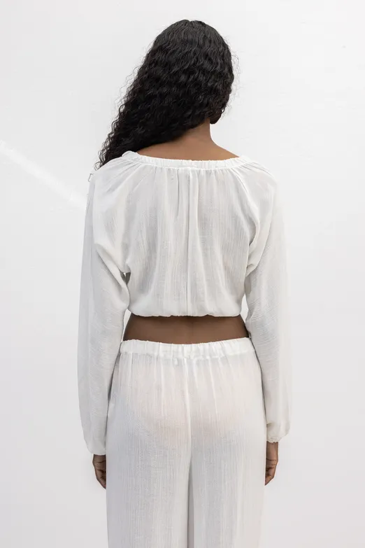 Bayan Beyaz Crop Bağlamalı Bluz - BSL