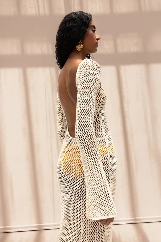 Bayan Bej Uzun Kollu File Örgü Plaj Elbisesi - BSL