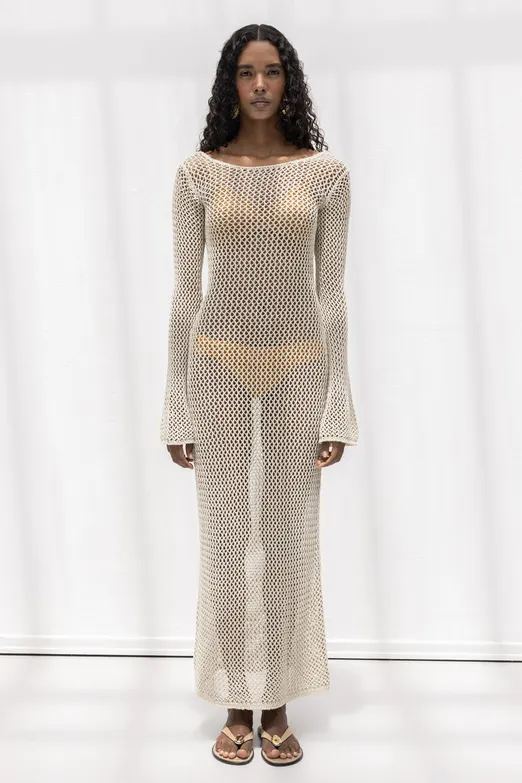 Bayan Bej Uzun Kollu File Örgü Plaj Elbisesi - BSL