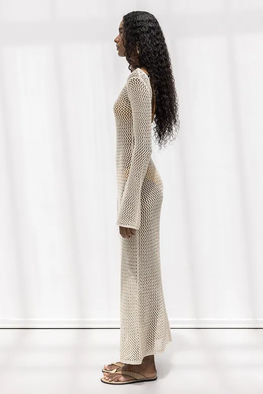 Bayan Bej Uzun Kollu File Örgü Plaj Elbisesi - BSL