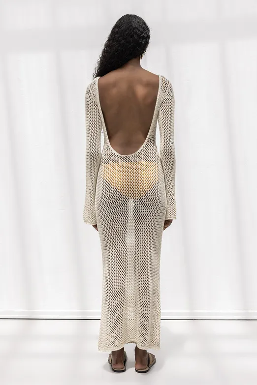 Bayan Bej Uzun Kollu File Örgü Plaj Elbisesi - BSL