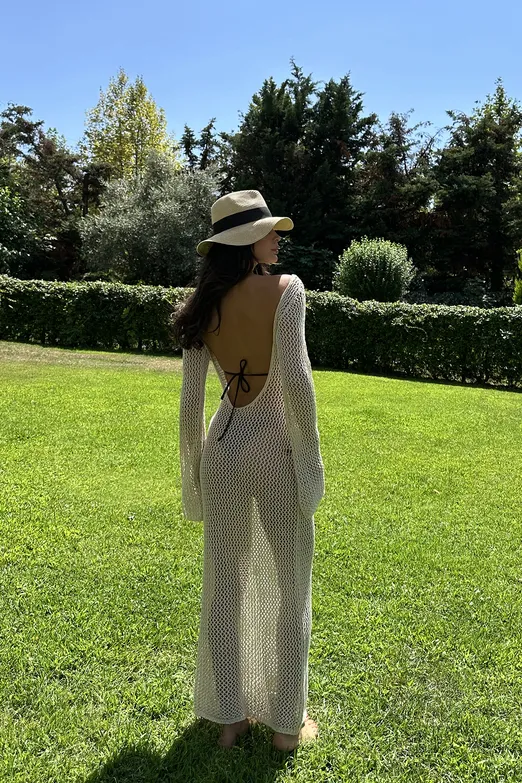 Bayan Bej Uzun Kollu File Örgü Plaj Elbisesi - BSL