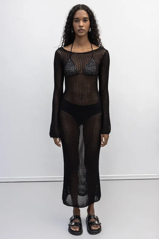 Bayan Siyah Uzun Kollu File Örgü Plaj Elbisesi - BSL