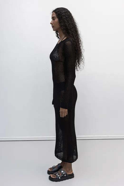Bayan Siyah Uzun Kollu File Örgü Plaj Elbisesi - BSL