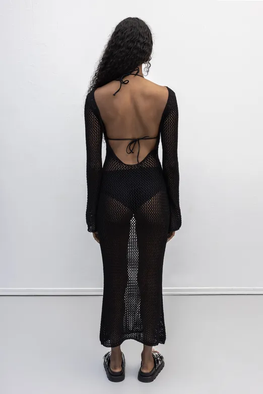 Bayan Siyah Uzun Kollu File Örgü Plaj Elbisesi - BSL