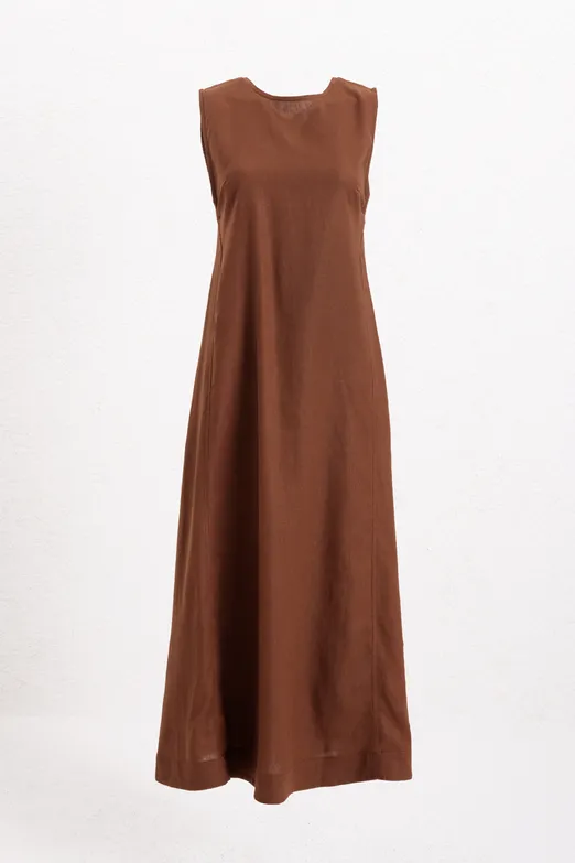 Bayan Kahverengi Keten Karışımlı Midi Elbise - BSL