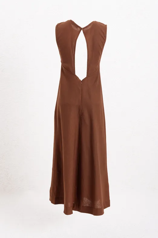 Bayan Kahverengi Keten Karışımlı Midi Elbise - BSL