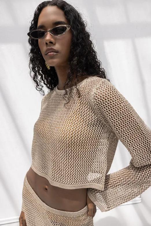 Bayan Bej Simli Crop Plaj Örgü Bluz - BSL