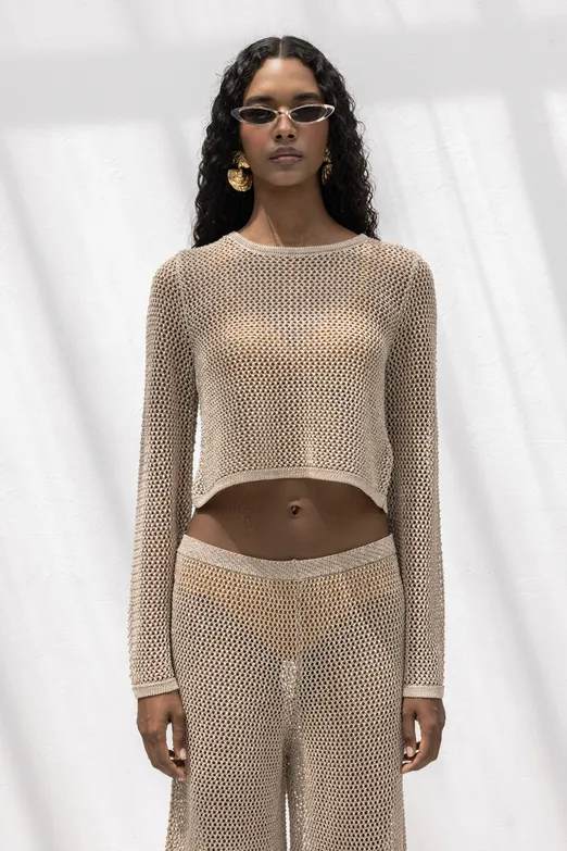 Bayan Bej Simli Crop Plaj Örgü Bluz - BSL