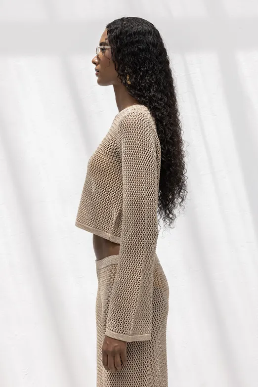 Bayan Bej Simli Crop Plaj Örgü Bluz - BSL