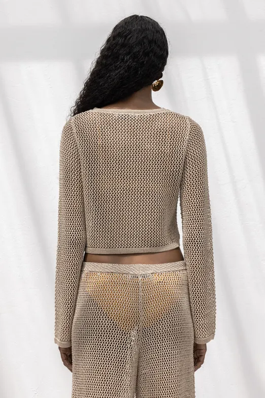 Bayan Bej Simli Crop Plaj Örgü Bluz - BSL