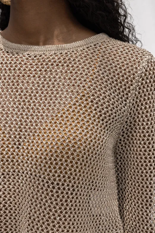 Bayan Bej Simli Crop Plaj Örgü Bluz - BSL