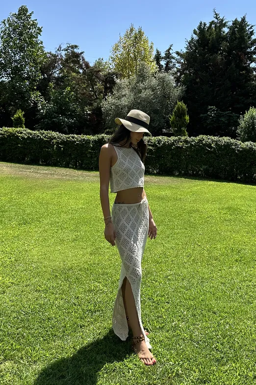 Bayan Bej Crop Örgü Bluz - BSL