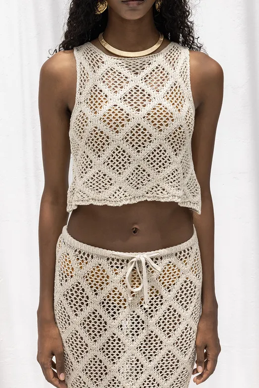 Bayan Bej Crop Örgü Bluz - BSL