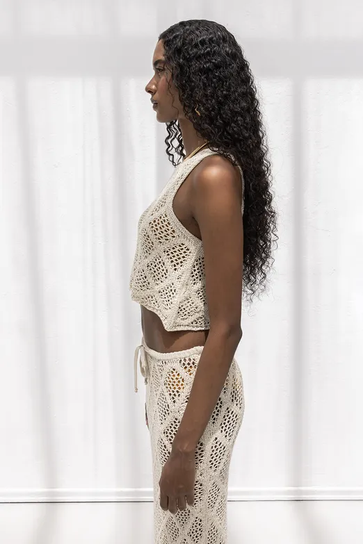 Bayan Bej Crop Örgü Bluz - BSL