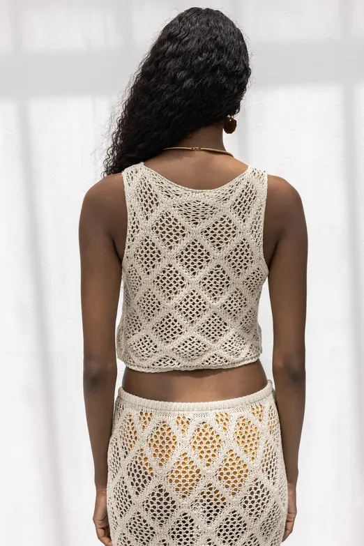 Bayan Bej Crop Örgü Bluz - BSL