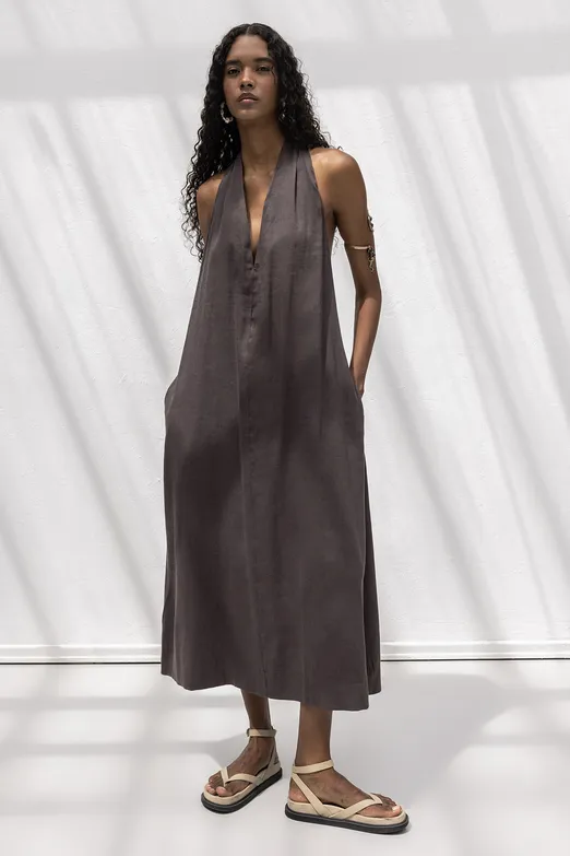 Bayan Kahverengi Oversize Keten Karışım Midi Elbise - BSL