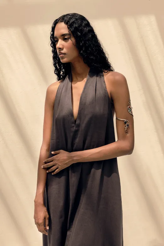 Bayan Kahverengi Oversize Keten Karışım Midi Elbise - BSL