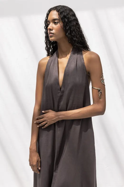 Bayan Kahverengi Oversize Keten Karışım Midi Elbise - BSL