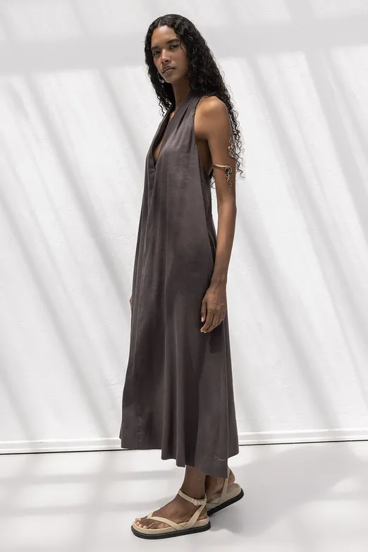 Bayan Kahverengi Oversize Keten Karışım Midi Elbise - BSL