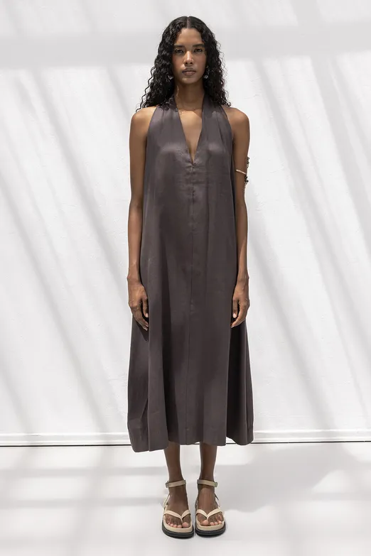 Bayan Kahverengi Oversize Keten Karışım Midi Elbise - BSL